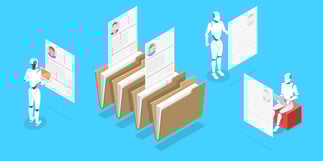 Conceptual illustration of artificial intelligence in Human Resources showing robots reviewing applications