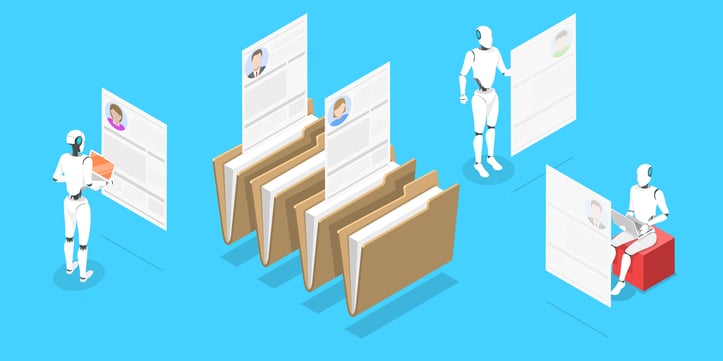 Conceptual illustration of artificial intelligence in Human Resources showing robots reviewing applications