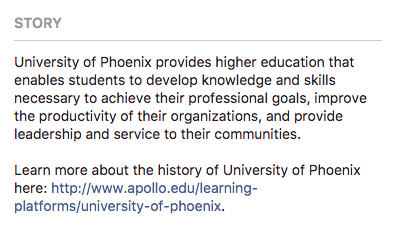 Phoenix university about facebook